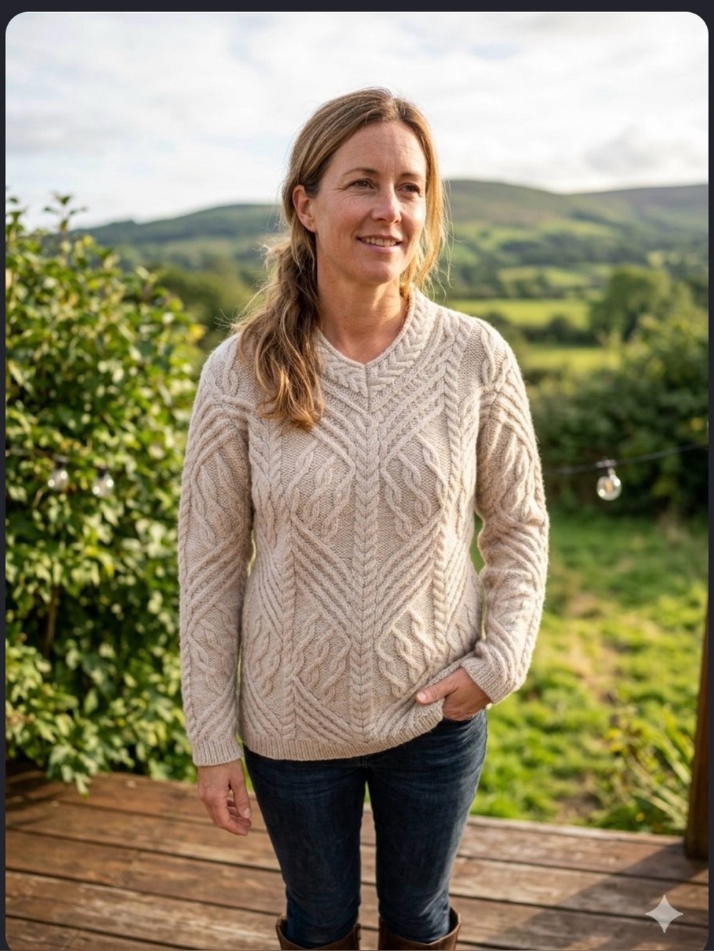 Aran Mór Women's V-Neck Cable Knit Sweater - Cream